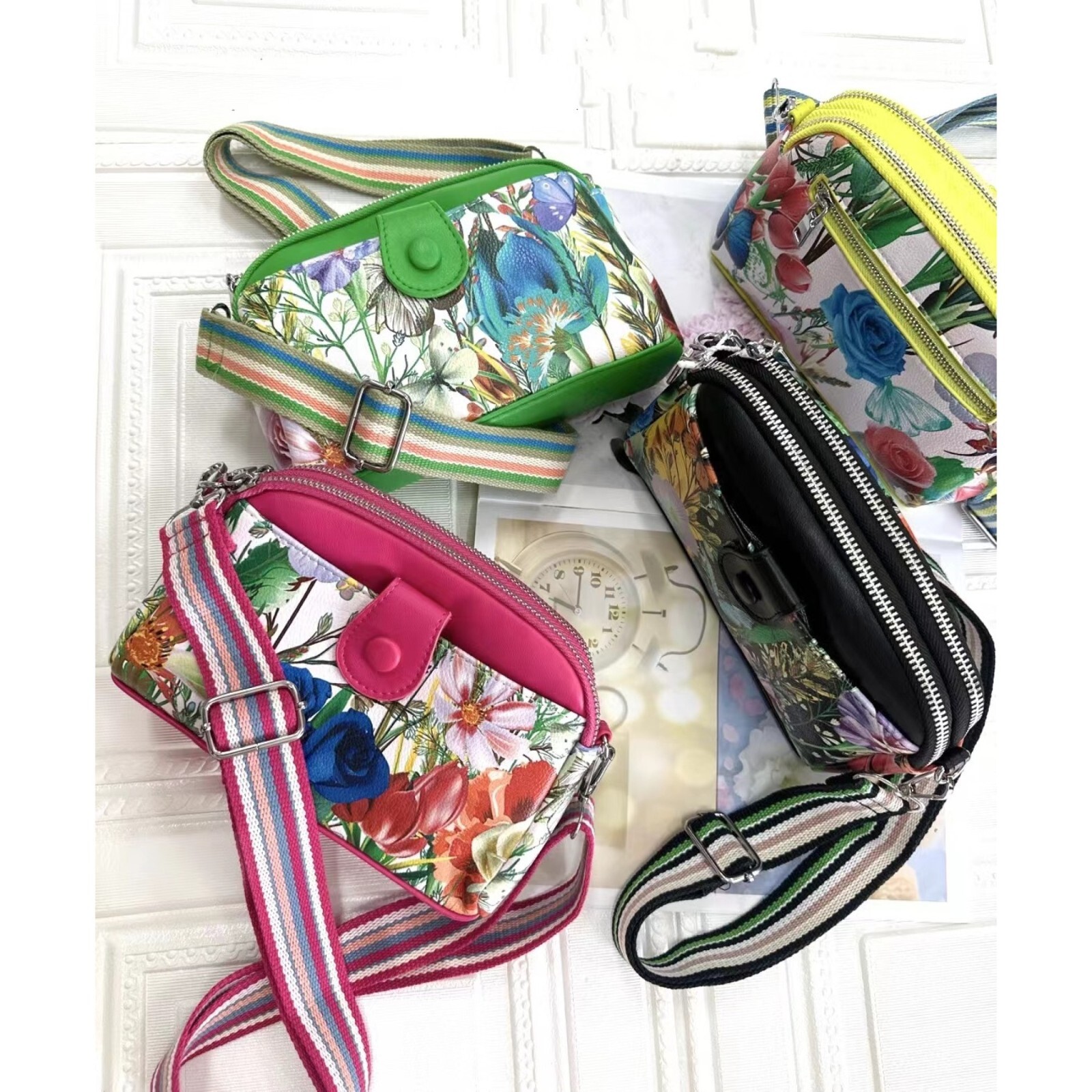 Bolso Bandolera Damas Pequeño Doble Cremallera Floral/Correa Colorida