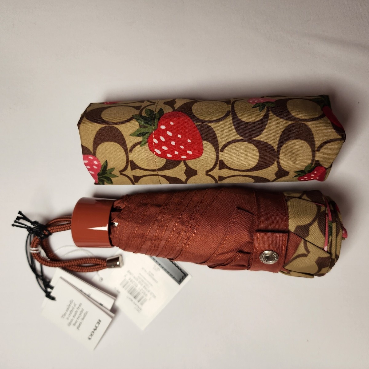 Coach Mini Umbrella in Signature Wild Strawberry Print Khaki
