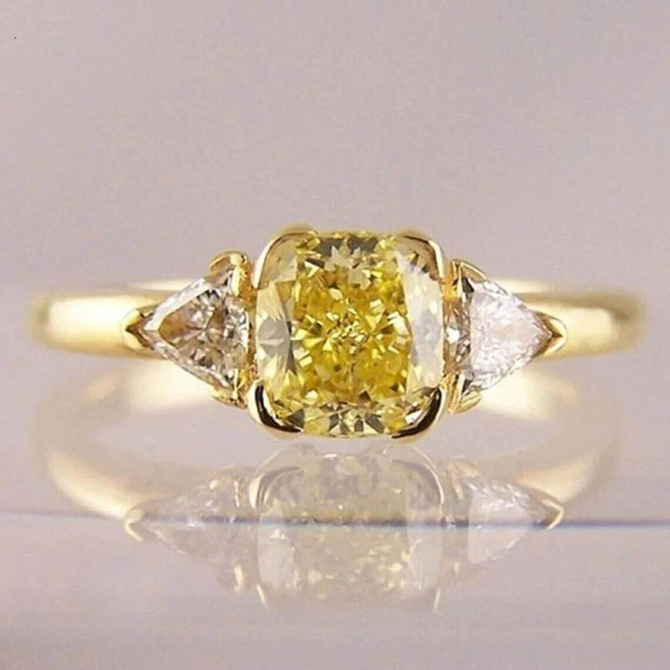 1.80Ct Cushion Canary Diamond Three Stone Engagement Ring 14K Yellow Gold Finish - Image 4 of 4