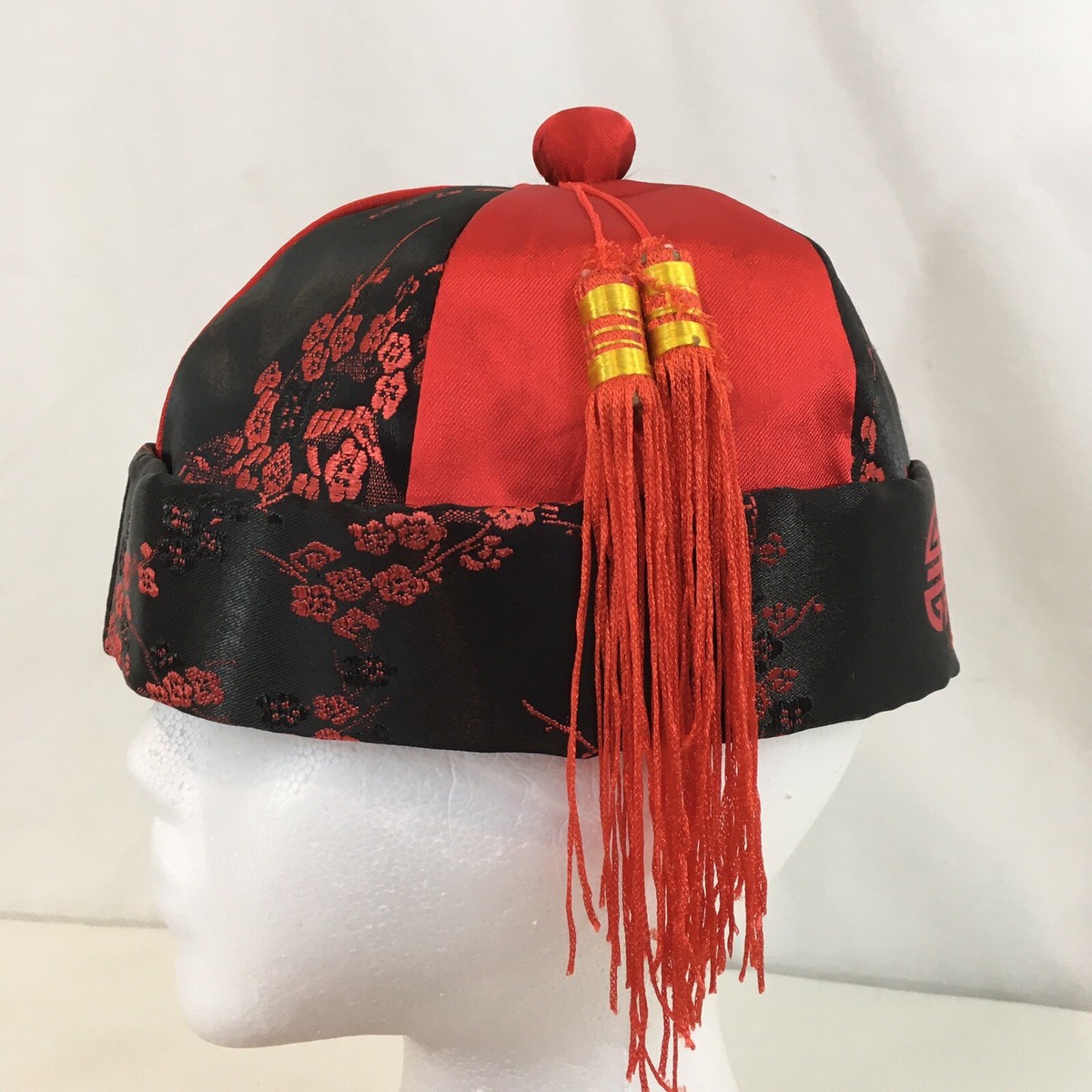 Vtg Chinese Red Black Tassel Beanie Hat | eBay
