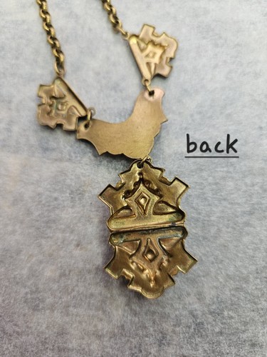 Antique Necklace Brass Gold Gilt Black Accent Stone Spring Ring Clasp 7.5" Drop - Picture 23 of 24