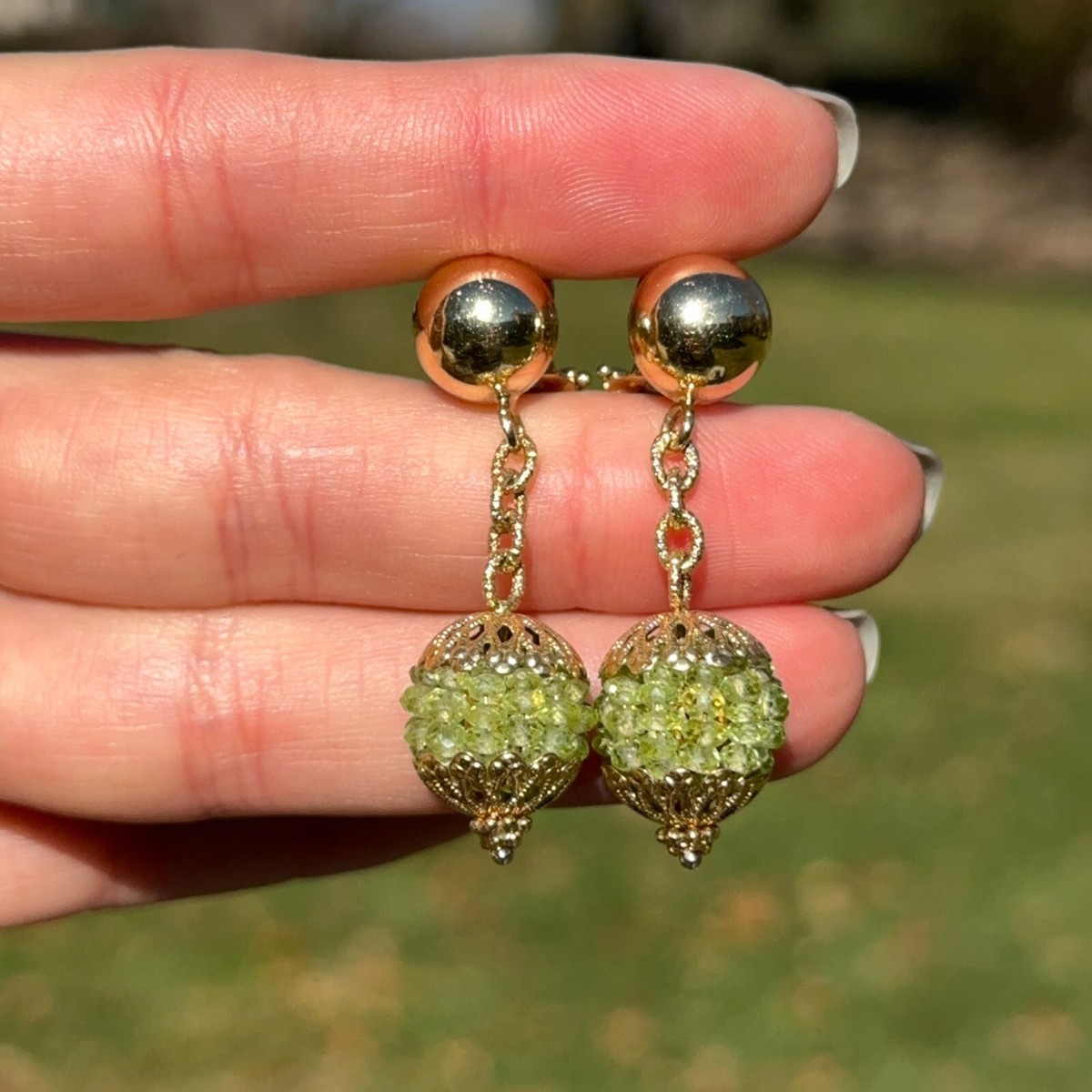 Vintage 18KT Yellow Gold Peridot Ball Filigree Etruscan Dangle Omega  Earrings
