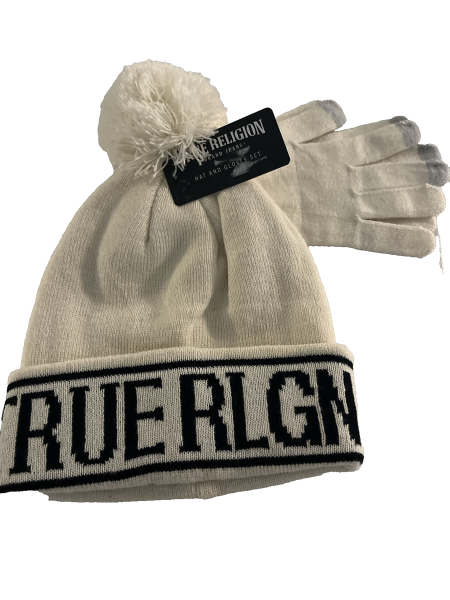 True Religion Brand Jeans Men's White Beanie Pom Hat And Gloves - Main Image