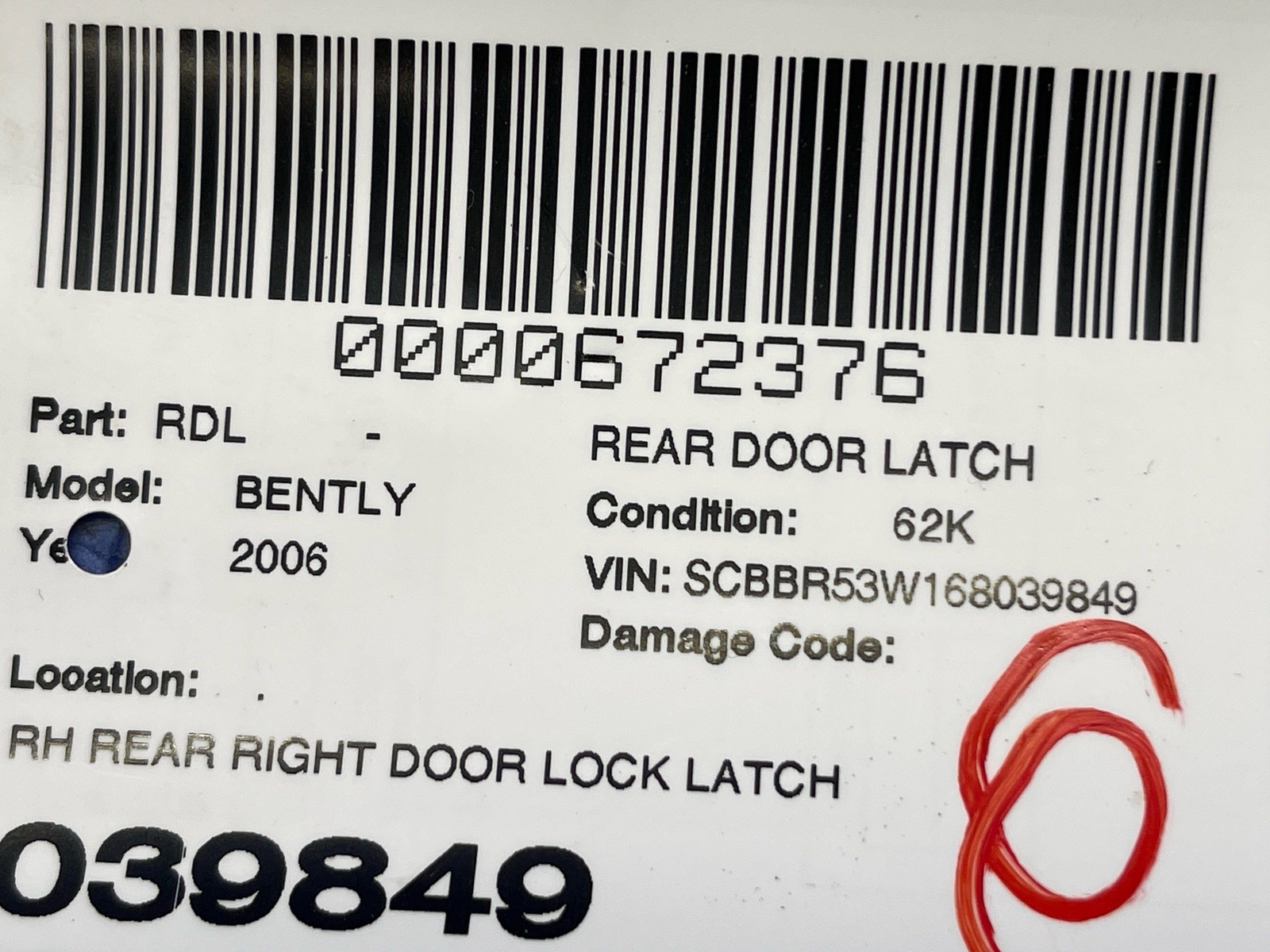 2006-2012 BENTLEY CONTINENTAL FLYING SPUR REAR RH DOOR LOCK LATCH ACTUATOR /WIRE