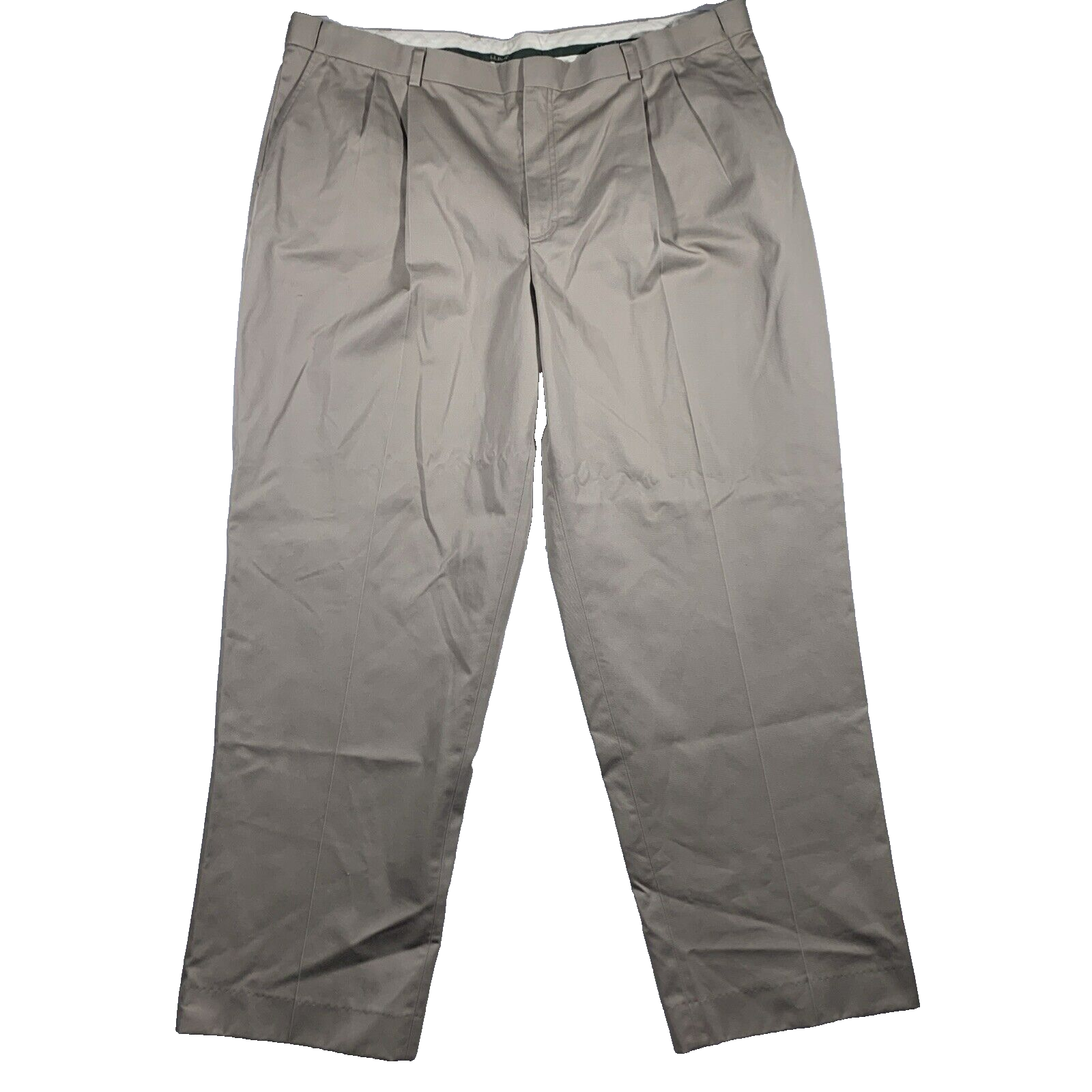 LL Bean Mens Pleated Front Chinos Khaki Tan Cotton Twill Relaxed Fit Pants 42x30