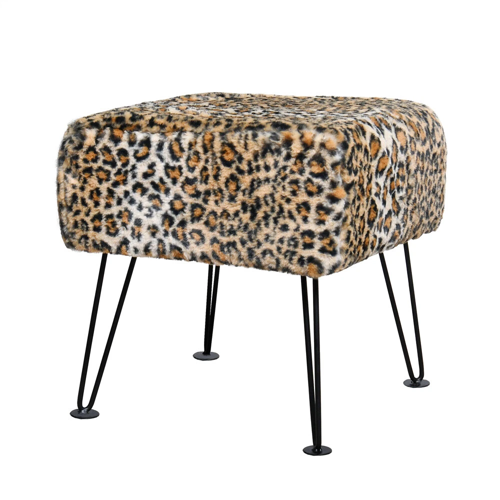 Modern Mink Footstool Vanity Bench Leopard Furry Faux Fur Stool with Black Legs image 1