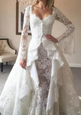 Lace Wedding Dresses With Trumpet Long Sleeve Detachable Vintage Bridal  Gowns | eBay