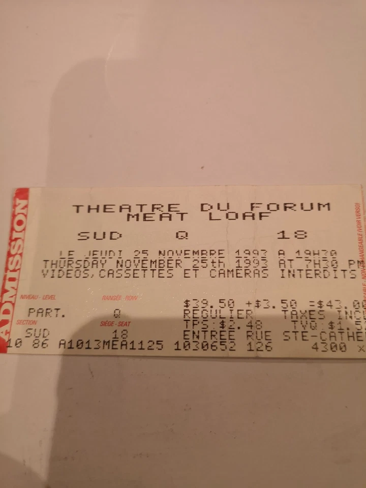 MEAT LOAF RARE CONCERT TICKET STUB MONTREAL. FORUM NOV 23 1993 - Image 2 of 4