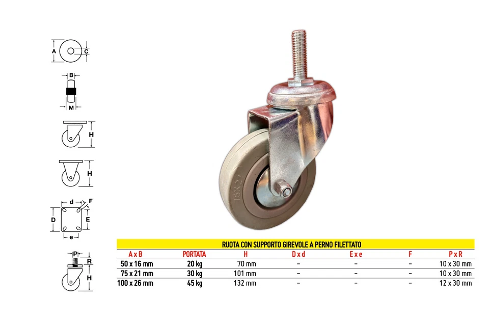 RUOTE IN GOMMA GRIGIA ANTITRACCIA CON SUPPORTO GIREVOLE A PERNO FILETTATO - 1 PZ - Immagine 2 di 2