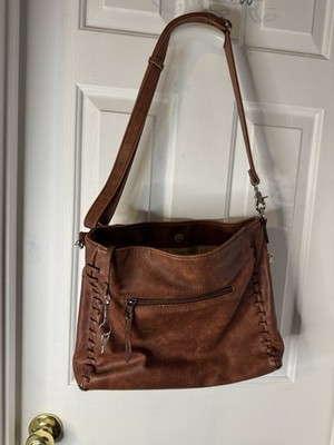 Lady Conceal Faux Leather Whipstitch Trim Conceal Carry Lily Tote Handbag Brown