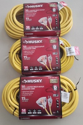 3PK Husky 50FT 14/3 Medium Duty Indoor/Outdoor Extension Cord Multi Outlet End