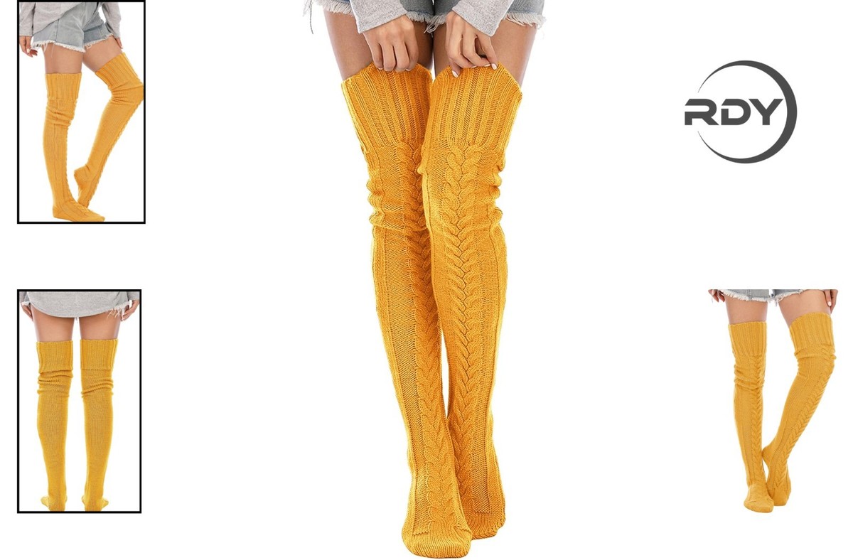 MEIAS ニット　イエロー Women's 38-Inch Cable Knit Thigh High Socks - Mustard Yellow