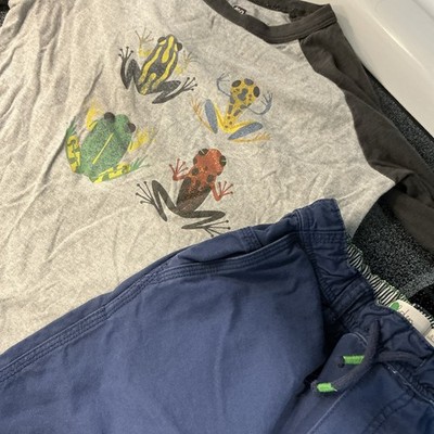 Tea Frog Graphic Raglan Long Sleeve Tee + Boden Blue Striped Pants Set 8Y