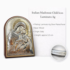 Vintage Italian Madonna & Child Icon Laminato Ag Silver Plate Wood 5.5cm