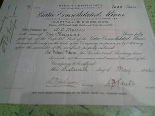 VIRTUE CONSOLIDATED MINES 1899 MONTREAL ORIGINAL STOCK CERTIFICATE