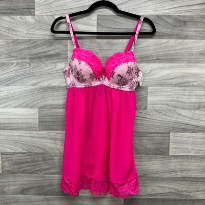 Adore Me Intimates Watercolor Roses Push Up Babydoll Womens 36C Pink Sheer New