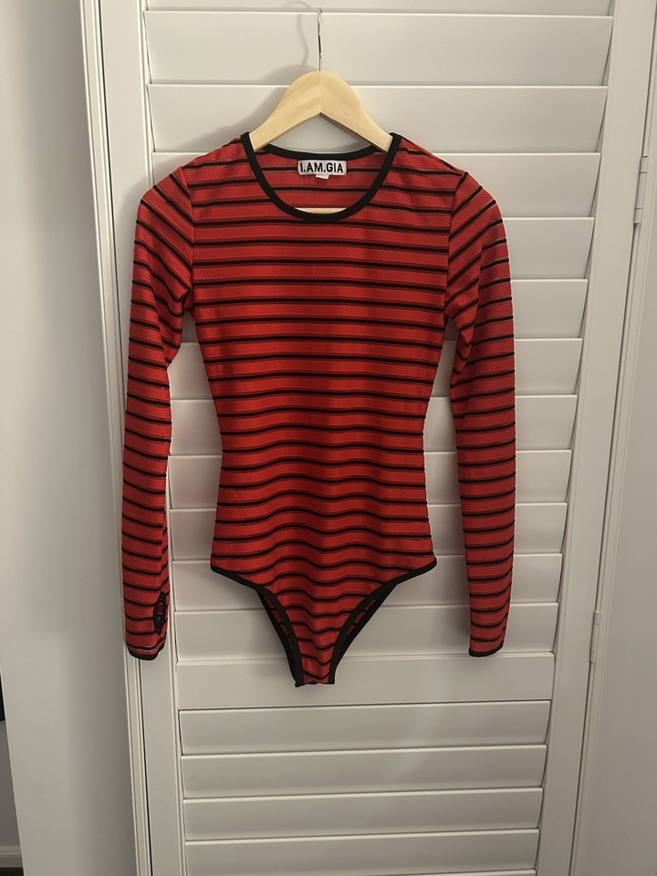 I.AM.GIA Womens Red/Black Striped Knit Stretch Long Sleeve Bodysuit S