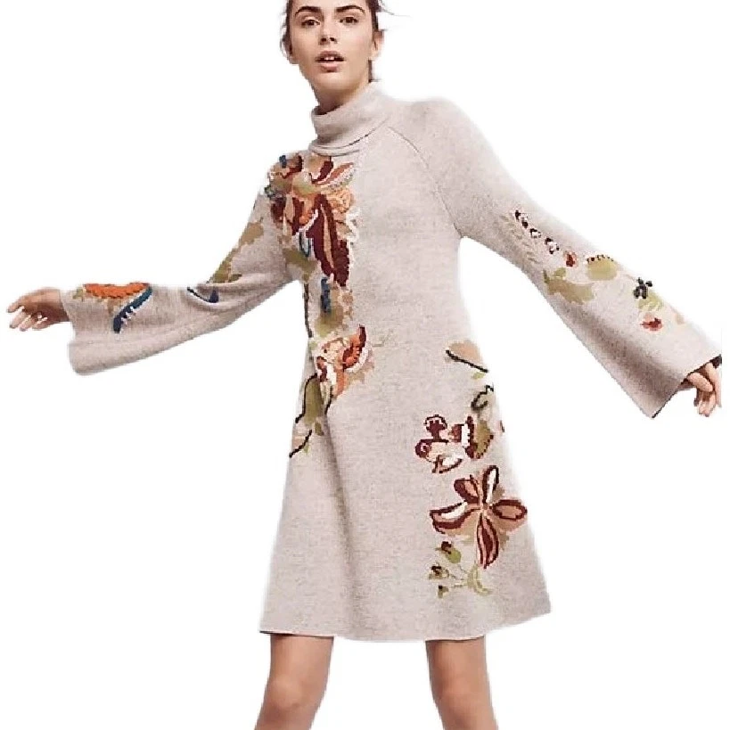 Anthropologie Knitted & Knot Embroidered Petals Swing Sweater Dress Medium - Image 3 of 4