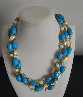 Vintage weiße Perlenkette 925 Indien Muti Strang mit blauen Perlen!