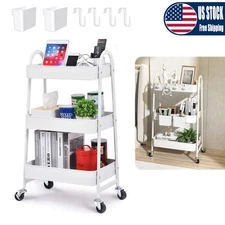 3-Tier Rolling Utility Cart Storage Easy Assemble Trolley with 6 Hooks 2 Baskets