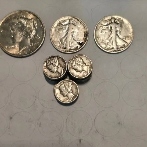 Silver Coin Lot - Peace Dollar, 2 Walking Liberty Half Dollars, 15 Mercury Dimes