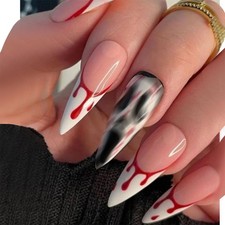 Halloween Press On Nails Long Stiletto Horror Fake Nails 24PCS Red
