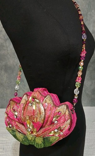 Vintage Mary Frances Beaded Purse Pink Lotus Shoulder Bag Crossbody Purse EUC