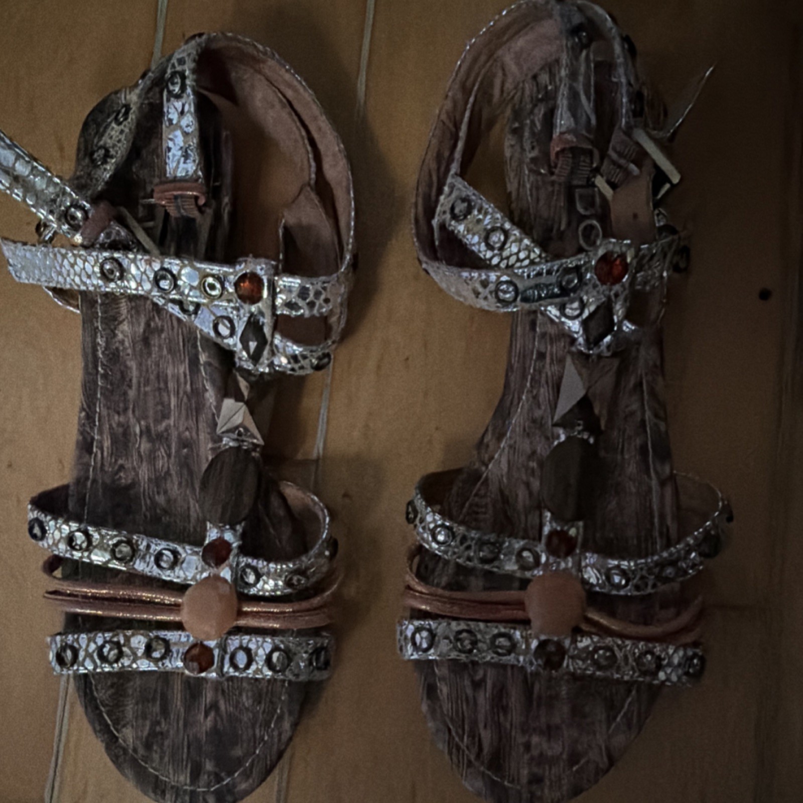 Brown Strappy Sandals Studded Beaded Gladiator Synthetic Bohemian Women