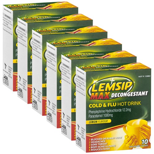6 x Lemsip Max Decongestant Cold & Flu Fever Relief Lemon Powder Hot Drink 10 Pk - Picture 3 of 12