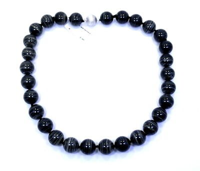 QVC HSN Banded Striped BLACK JADE 14mm Bead Strand Sterling Silver Necklace