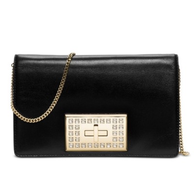 Michael Kors Black Leather Crystal Ellie Medium Flap Evening