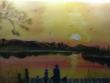 Unique Original Oil Landscape Lake scene "Father Son Time" 18"x24"