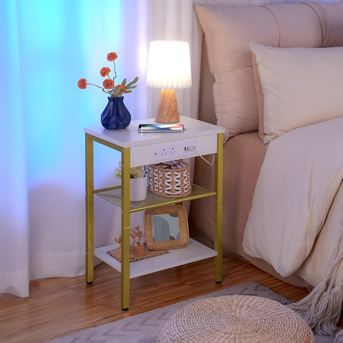End Table with Charging Station and USB Ports, 3-Tier Nightstand with Adjustable - Picture 9 of 12