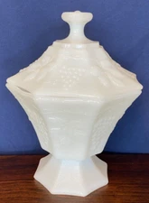 Vintage Anchor Hocking White Milk Glass Covered Candy Dish Grapevine Pattern