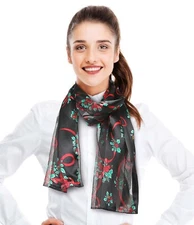 Women Christmas Holly, Candycane Christmas Theme Silk-Feeling Lightweight Scarf 