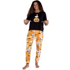 Munki Womens Snoopy Peanuts Halloween Pajamas Set Pants Shirt Pumpkin S M Munki