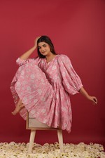 Floral Print Midi Dress, Pink Summer Boho Floral 3/4 Puff Sleeve lightweight .