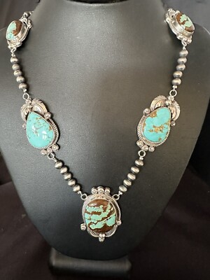 Blue Turquoise #8 Pendant Navajo Sterling Silver Beads Necklace 15250