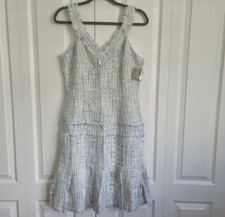 David Meister Tweed Dress Blue Cream Green Sleeveless Drop Waist Lined Size 10
