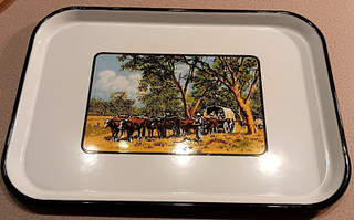 Old ING RICH PORCELIRON SERVING TRAY Covered Wagon Longhorn Cattle Beaver Falls