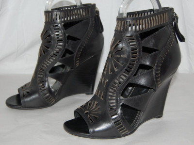 ITALY 40/10Sergio Rossi Black Leather High Wedge Heels Gladiator Sandals BOOTS