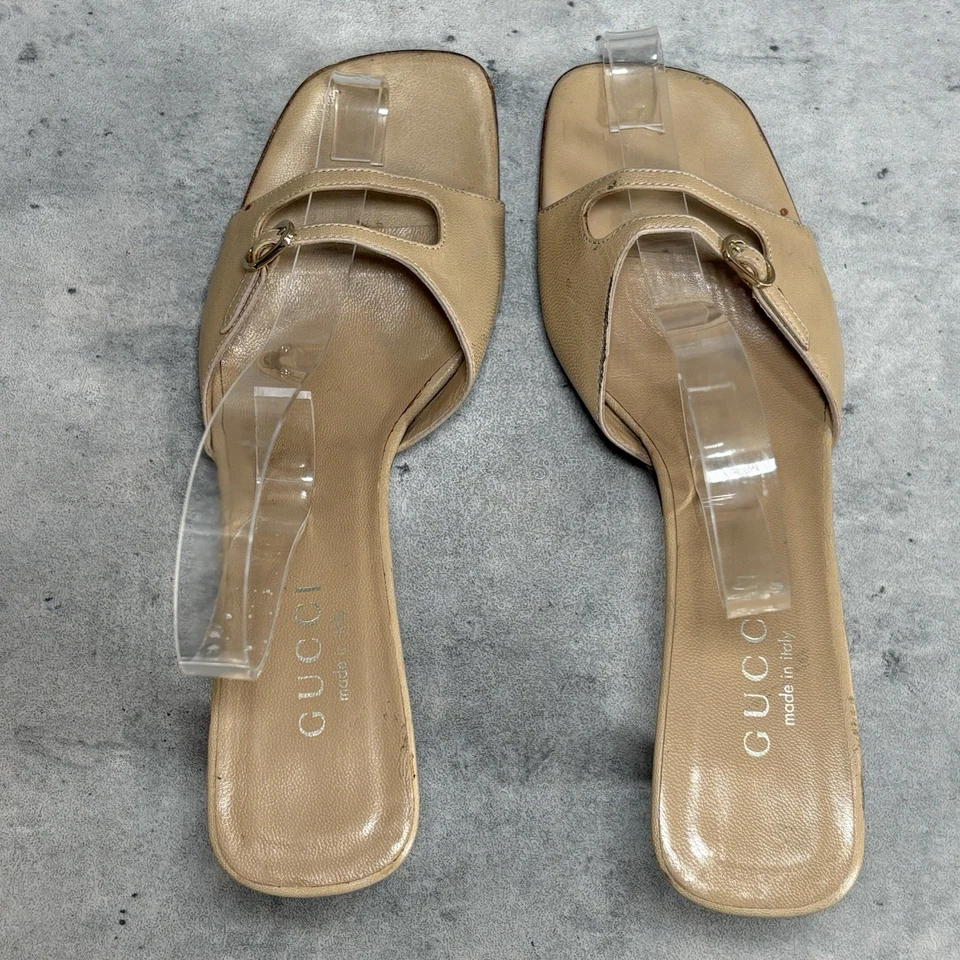 Gucci Authentic Vtg Beige Leather Open Toe Double Strap Mules Sandal Heel 6.5B - Image 4 of 4