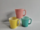3 FIRE KING ANCHOR HOCKING D HANDLE MUGS Pink, Teal ,Yellow Milkglass Vtg