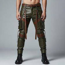 Men's Olive Green Leather Pant with Strap Crocodile Print Lamb Leather trousers