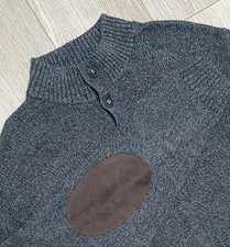 CHAPS Henley Sweater Mens XL Gray Suede Brown Elbow Patch Heavy Knit Mock Neck
