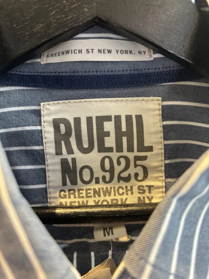 Ruehl No.925 Azul Blanco Rayas Oxford Camisa Abotonada Para Hombre Mediana Greenwich Foto 2 de 4