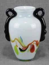 Multi-Colored Hand-Blown Artisan Glass Handled Vase, Contemporary Abstract