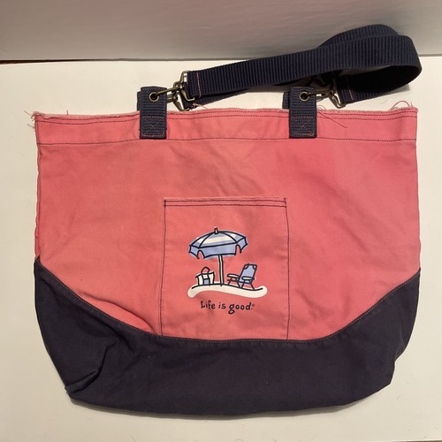 Life is Good Large 21" Tote Beach Bag Cotton Pink Navy Summer 100% Cotton