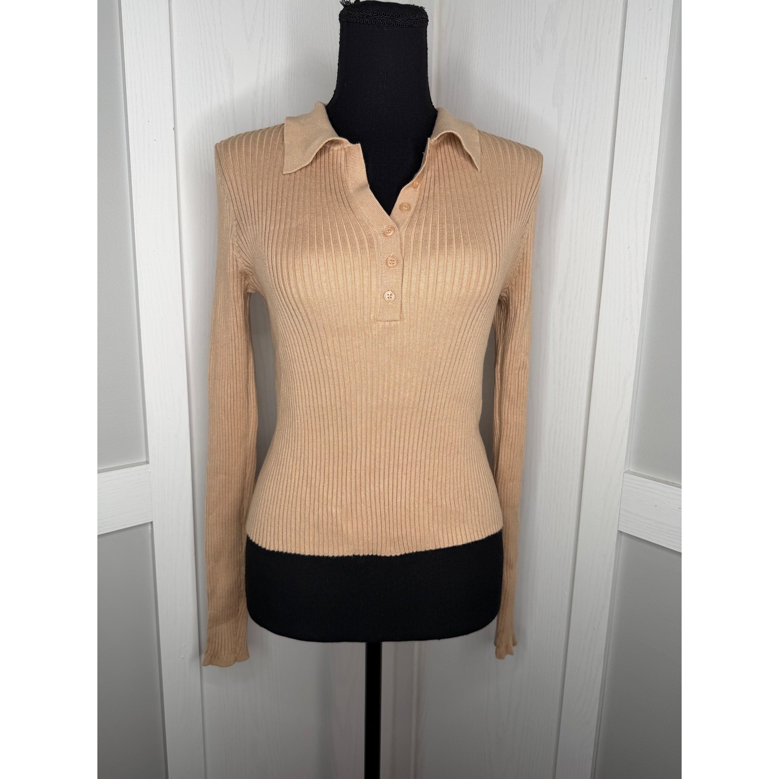 Calvin Klein Jeans Polo Sweater Women Medium Tan Ribbed Knit Long Sleeve Stretch