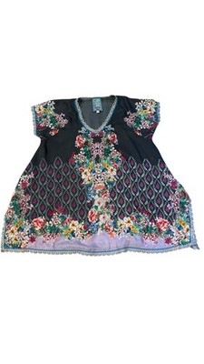 Johnny Was Audrey Silk Tunic Relaxed Flowy XS Gray Tropical Floral Embroidered